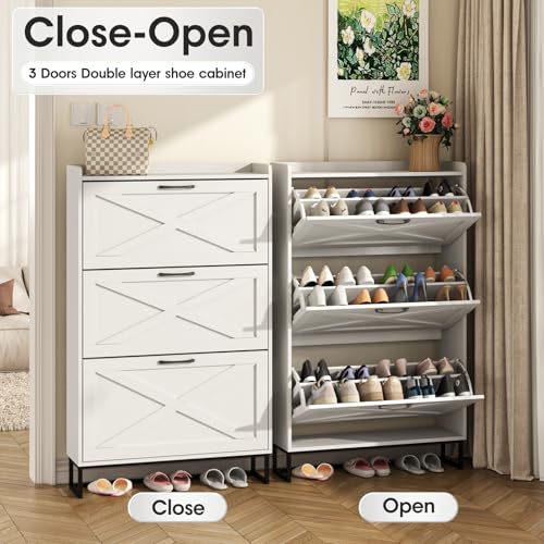 Image of Maupvit Shoe Storage Cabinet with 3 Flip Drawers, Freestanding Organizer with Metal Legs for Entryway, Narrow Shoe Rack Cabinet, White