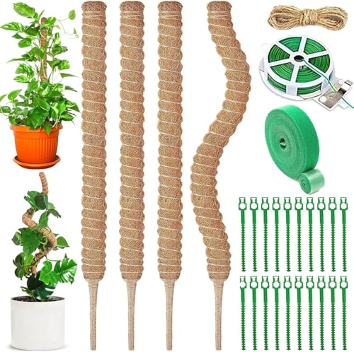 NCKIHRKK 4 Piezas Tutores para Plantas, 70 cm de Moss Stick Plegable, Palo de Fibra de Coco para Plantas, Soporte Plantas con 20 m Ataduras, Cuerda, Tutor de Musgo para Monstera para Interior Jardín