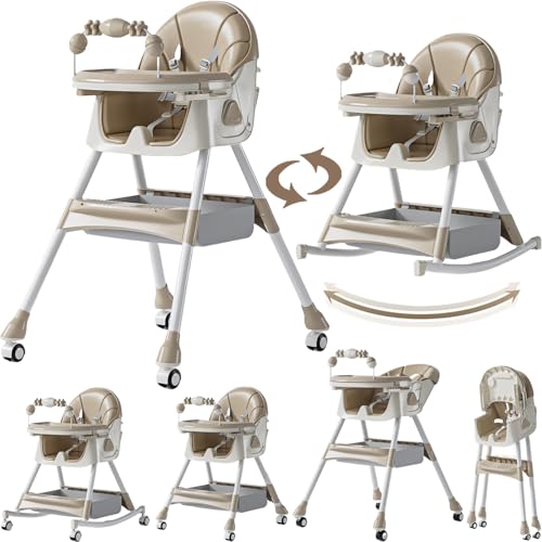Magic ZC Trona para Bebé Silla de Comedor para Alimentación de Niños Pequeños con modo oscilante y 3 posiciones reclinables con bandejas dobles desmontables y ruedas (560 Khaki)