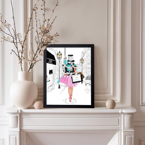 Image of Poster Master Fashion Poster - Lady with Shopping Bags Print - Trendy Art - Modern Art - Gift for Her & Fashionista - Luxury Haute Couture Decor for Bedroom or Girl's Room, 8x10 Black Framed