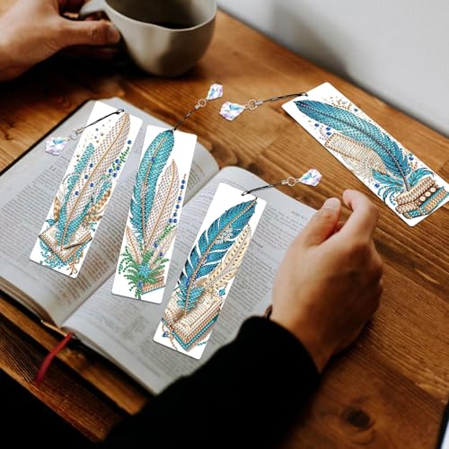 Image of 4-Pack 5D Diamond Painting Bookmarks Kit, Peacock Feather DIY Diamond Art Bookmarks with Rhinestones and Tassels, Creative Bookmark Making Set for Adults, Gift for Book Lovers