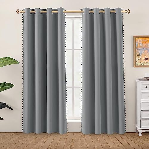 Image of Amazon Brand - Umi Velvet Eyelet Door Curtains with pom pom Lace for Living Room Bedroom Kitchen 1 pc Pack in Silver Color (Windows - 4 feet x 6 feet)