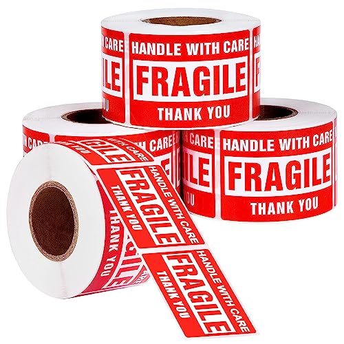 Image of Fragile Stickers for Shipping Moving Boxes 2000 Fragile Labels 2 x 3 Inch Fragile Tape for Shipping Handle with Care Sticker-4 Rolls, Red