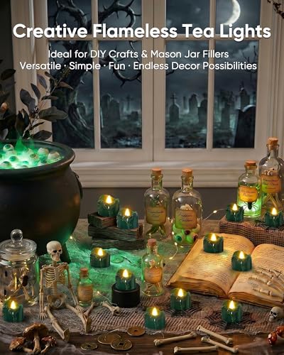 Image of Homemory 24 Pack Green Dripping Flameless LED Tea Lights, 1.58 inch x 1.2 inch Battery Operated Flickering Fake Candles, 200+ Hours Electric Votive Tealights for Wedding, Halloween, Christmas Centerpieces