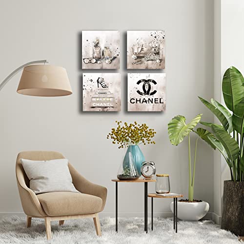 Image of Meetdeceny Beige Canvas Prints Artwork Fashion Bedroom Wall Decor Girls Handbag Wall Art for Living Room Perfume Wall Decorations Painting Art 10 inchx 10 inchx 4 Pieces
