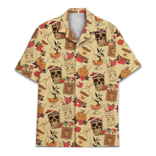 Tropical Tiki Skull Hawaiian Shirt for Mens Womens, Casual Short Sleeve Button Up Hawaiian Shirts