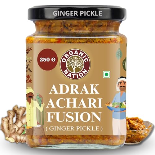 Image of ORGANIC NATION Zesty Adrak Achari Fusion Ginger Pickle - Homestyle Indian Pickle with Authentic Flavor, Perfectly Mixed for a Tangy Delight, 250g, No Preservatives Natural Golden Hue