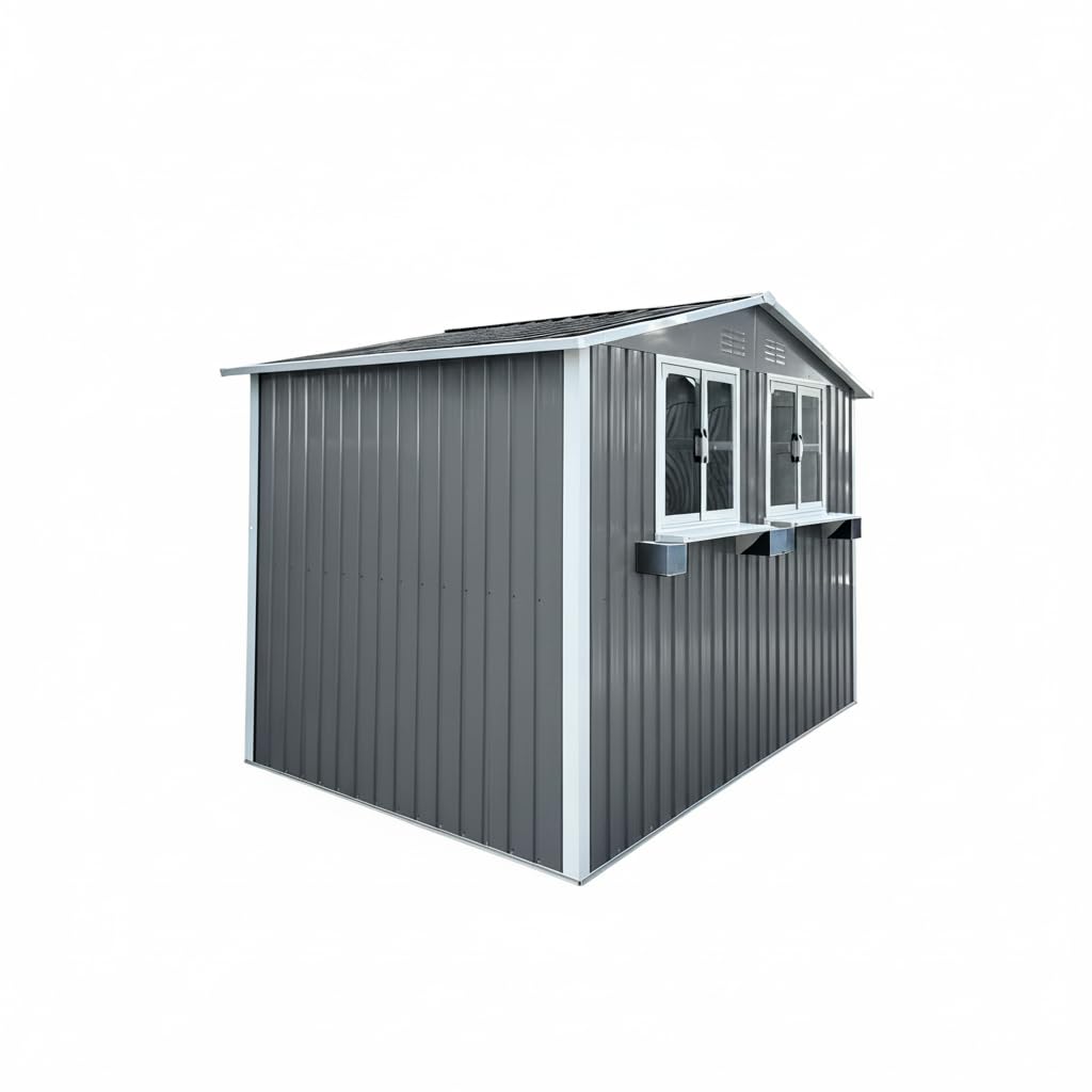 Gartenhaus Metall 275,7x181,7cm Geräteschuppen mit 2 Fenstern und Blumenregal Doppeltüren Wasserdicht für Garten Terrasse