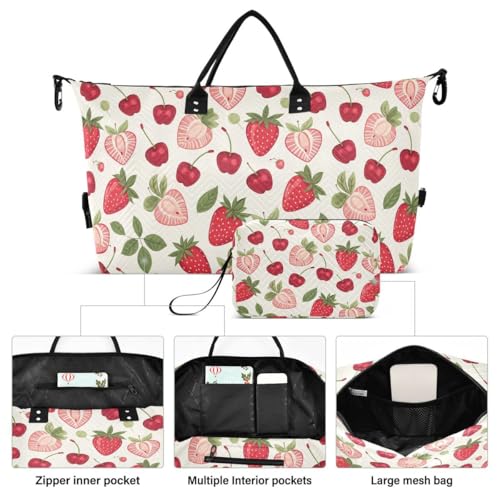 Strawberry Cherry Leaf Travel Duffle Bag Gym Bag Weekender Bags with Toiletry Bag Travel Trip Tote Bag2