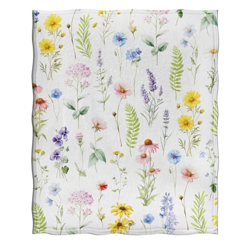Jekeno Colorful Flowers Floral Blanket Birthday Christmas for Women Kids Girls Mom Wife Daughter Sisters Home Bedroom Spring Decor Soft Cozy Plush Throw Blankets White 50"x60"