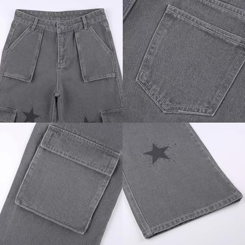MEINVQIAOTI American Retro Stars Multiple Pockets Cargo Jeans for Women Jogger Baggy Goth Pants3