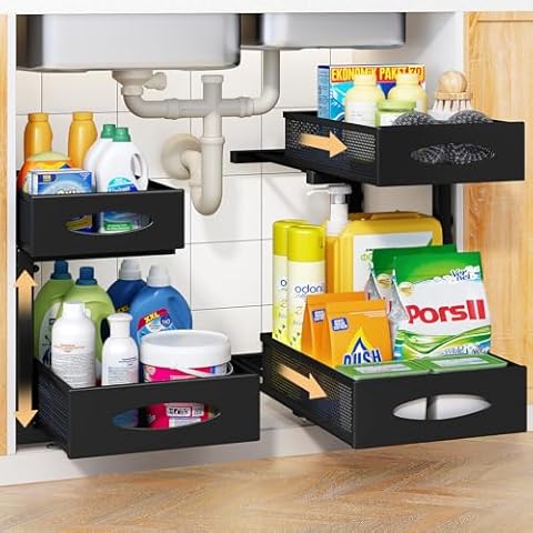 PXRACK Under Sink Organizer 2 Pack Under Sink Organizers and Storage, 2 Tier Pull Out Cabinet Organizer Slide Out Shelf, Kitchen Drawer Organizer Under Bathroom Sink Organizer Cover
