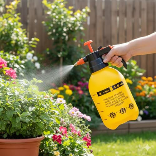 Image of Amazon Brand - Umi 2 Litre High Pressure Hand Sprayer for Plants | Manual Watering Sprayer for Home Garden | Adjustable Nozzle Garden Sprayer for Plant Care, Household, Car & Bike Washing | Multicolor