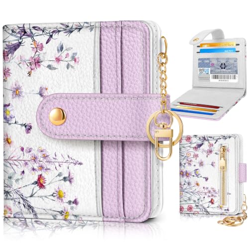Image of Bistup Small Card Wallet for Women with Keychain, Purple Floral | durable material, clear ID window,, compact design for daily carry, sturdy keychain, aesthetic