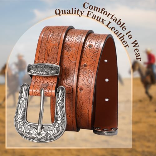 SANSTHS Western Belt For Women, Womens Cowboy Belt For Pants Jeans With Vintage Floral Carved Design