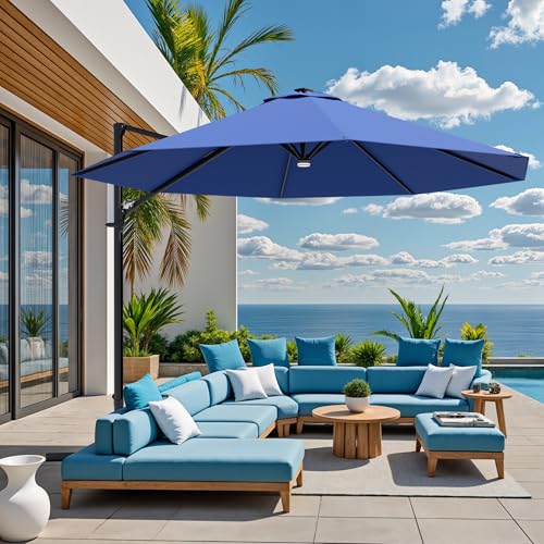 Image of Greesum 10FT Outdoor Patio Umbrella with High Pedel and 4 Gear Heights, Large Offset Umbrella with Solar LED Lights and 360-degree Rotation, Without Base, Hanging Outdoor Shade for Garden, Deep Blue