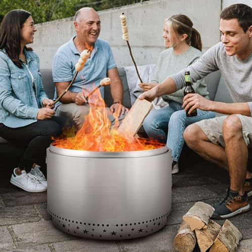 32" Smokeless Fire Pit with Air Switch, Wood Burning Portable Stainless Steel Outdoor Firepit with Fixed Stand & Stove Hook, Ash Pan, for Camping Backyard Patio Picnic, H: 20 in, 52 lbs