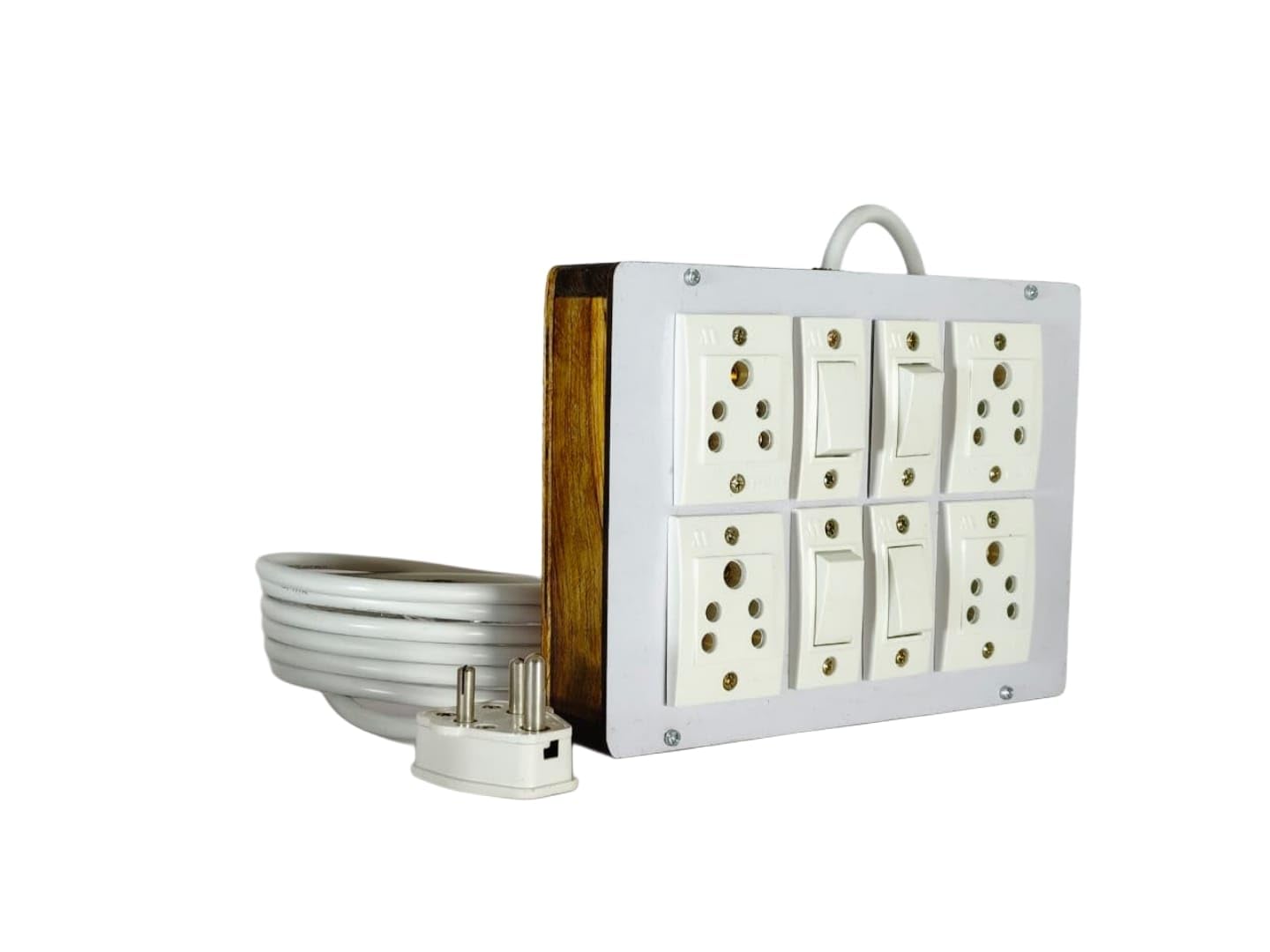 multi socket switch board with 4 switches & 4 sockets board switch or home, office & workshop use wooden extention chord & shock proof and durable product (3 meter)