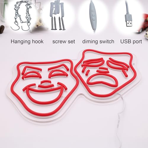 Image of Theater Mask Neon Sign for Home Theater Room Decor Comedy Tragedy Theater Masks Wall Art for Movie Classroom Room Decor Theater Masks lamp
