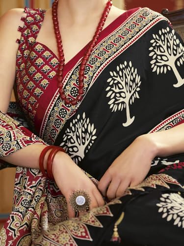 Image of SAREE MALL Women's Ajrkh Print Satin Crepe Polka Dot Printed Saree With Unstitched Blouse Piece