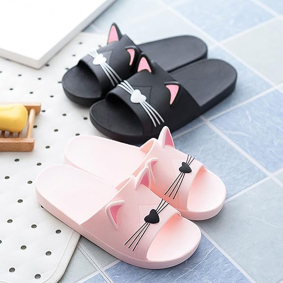 AioTio Katzen Schlappen Pantoffel Damen Bequem Rutschfeste Badelatschen Mädchen Weich Slipper (38/39EU) Schwarz