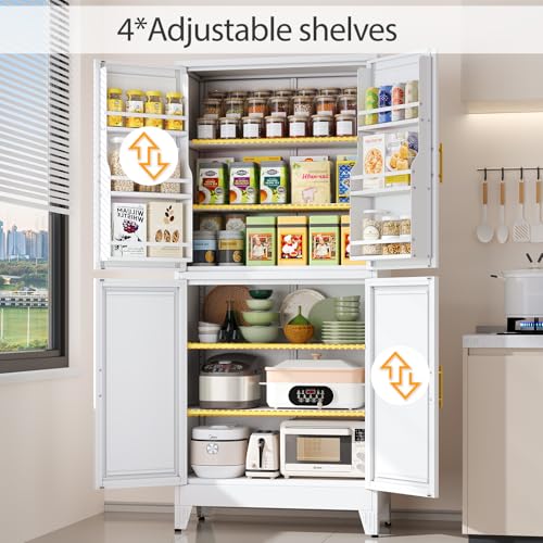 Image of White Pantry Storage Cabinet, 75 inch Kitchen Pantry with Doors and 3 Adjustable Shelves, Metal Freestanding Buffet Cupboards Sideboard, for Office, Home, Garage, School