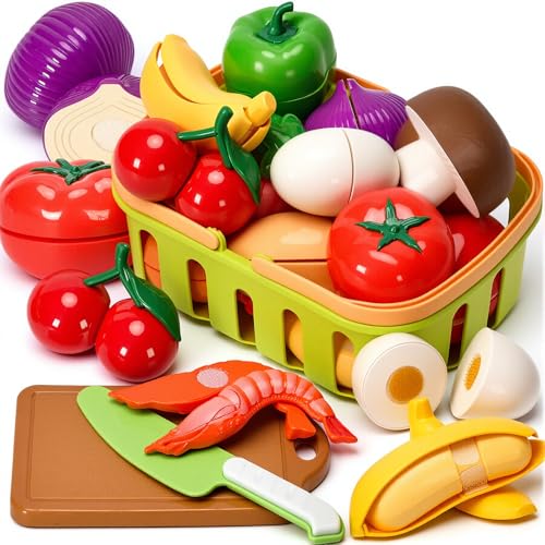 Cutting Play Food Toys 25 Pieces Pretend Play Kitchen Accessories Fake Fruits/Vegetables Set with Shopping Storage Basket Birthday Gift Educational Toy for Toddler Children