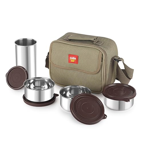 CELLO MF Fab Lunch Box Set with Jacket | Brown | Set of 4 | Stainless Steel Containers | 315ml x 3 + 510ml x 1 Steel Tumbler | Leakproof & Airtight | 