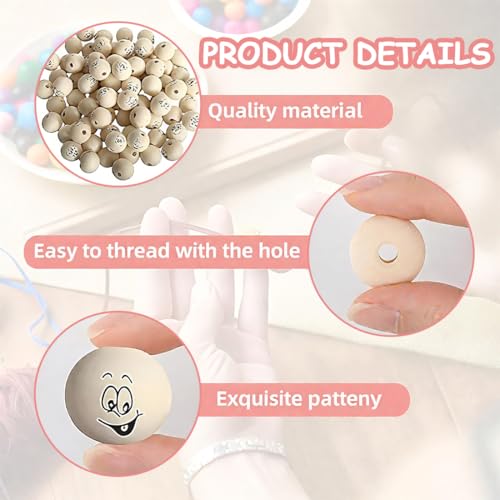 Holzperlen mit Gesicht, Holzkugeln mit Loch und Gesicht 20mm 80 Stück, Runde Holzperlen für Sorgenwürmchen, Glückswürmchen, DIY Schlüsselanhänger & Glücksbringer