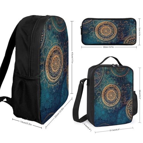 3 Piece Backpack for Women Men Lightweight Causal Daypack Shoulder Bag Set with Insulated Lunch Bag And Pencil Case Organizers Starry Mandala2