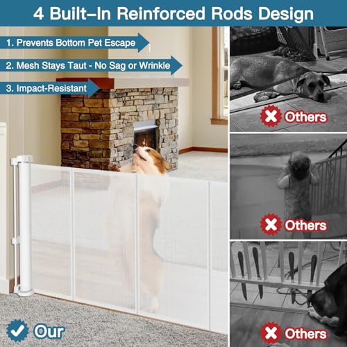 28\" Tall Retractable Dog Gate, 80\" Wide Reinforced Retractable Baby Gates with Support Rods, Walk Through Baby Gate Easy Step-Over Short Pet Gate Small Dog Gate, Puppy Gates for Doorways/Stairs, White - Thumbnail 3