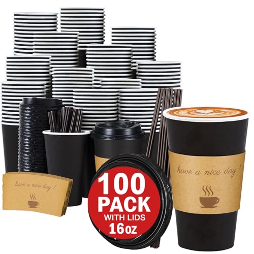 Lamosi 16 oz Coffee Cups with Lids 100 Pack, 16 oz Disposable Coffee Cup with Stir Sticks and...