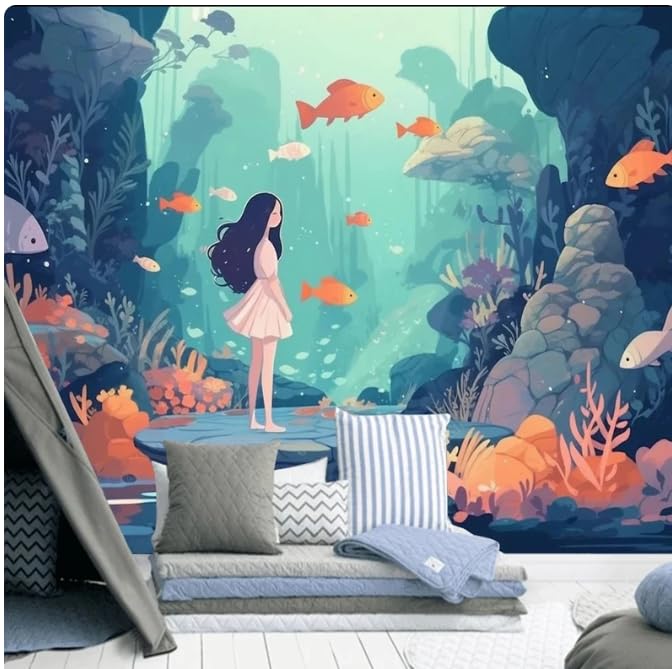 Papier peint 3D poisson de mer pour relooker un mur de chambre d'enfant fatigué