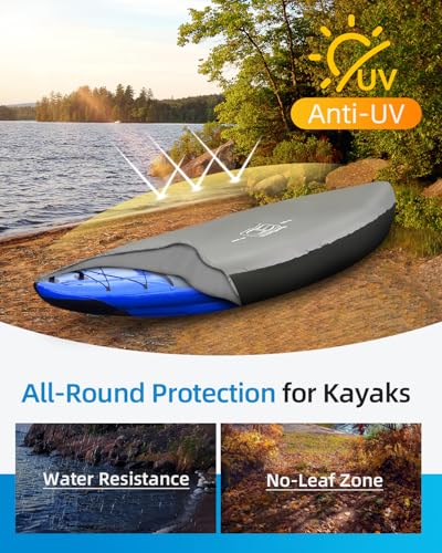Image of OCEANBROAD Kayak Cover(Non-Fishing) UV&Water-Resistant for Outdoor Storage | 420D Gray with Black, For 10.8-12ft x 38in, UPF 50+, Water-Resistant, UV-Resistant, Outdoor Storage, Kayak Accessories