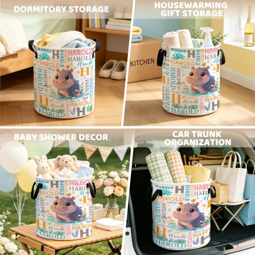Image of Custom Hippo Laundry Hamper, Personalized Laundry Basket with Name, Customized Dirty Clothes Basket for Clothes Toy Bathroom Bedroom Storage,S-16.5 inchX 13.8 inch