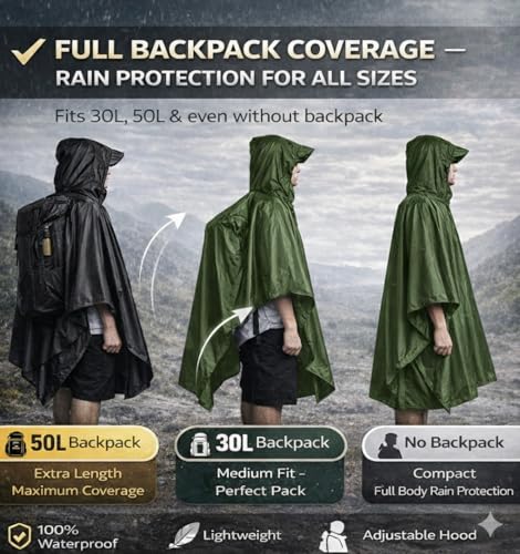 Image of ROCKSPORT Ultralite 3 in 1 Outdoor Hooded Rain Poncho for Adult Unisex, Riding Poncho & Full Cover Waterproof Design, Lightweight & Reusable, One Size Fits Most
