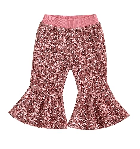 Qiylii Toddler Girl Bell Bottoms Pink Sequins Flared Pants Elastic Waist Sequin Halloween Trousers Outfits
