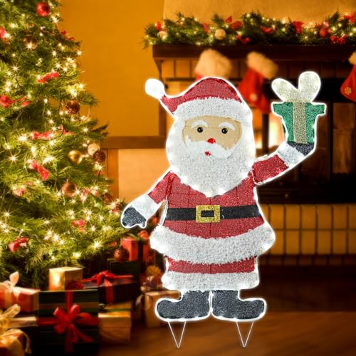 Christmas Santa Lighted Decoration Christmas Lighted Santa Clause with Gift Box Pre-Lit 102 LED Lights Decoration for Xmas Home Pathway Lawn Party Display