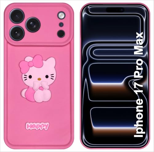 Image of Silicone Back Cover Case for iPhone 17 Pro Max | Cute Fun 3D Happy Kitty Design Silicone Case | Camera Protection Bump | Shockproof Back Cover Case for iPhone 17 Pro Max (Pink)