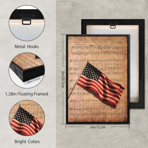 Image of American Flag Framed Canvas Wall Art, 4th of July USA National Anthem Canvas Prints, Sheet Music Patriotic Decorations, Vintage Independence Day Wall Decor for Bedroom Living Room Office 6x8