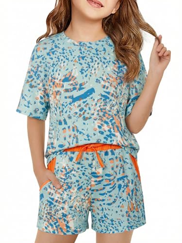Image of Haloumoning Girls Summer 2 Piece Outfits Kids Oversized T Shirts and Shorts Clothing Sets 5-14 Years