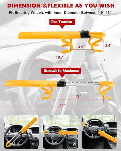 Image of Tevlaphee Steering Wheel Lock - Heavy Duty Antitheft Device and Car Security Lock with Adjustable Locking and 3 Keys - Great Vehicle and Truck Deterrent (Yellow)