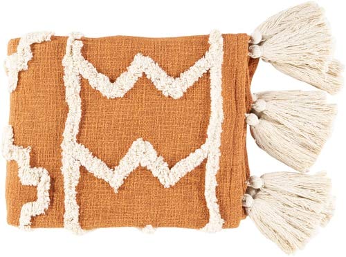 Cooroibah Boho Throw Blanket with Tassel for Couch, Bed - Southwestern Decorative Cotton Throw - 50" x 60" - Orange, Beige, Cream