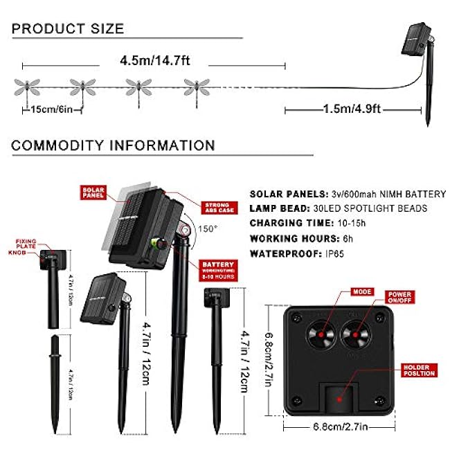 shinymolly Dragonfly Solar Lights Outdoor, 2PACK 19.6FT 30 LED Dragonfly Decorative String Lights, 8 Modes Solar Powered Fairy Lights for Patio Garden Yard Fence Wedding Christmas Party, Multicolor