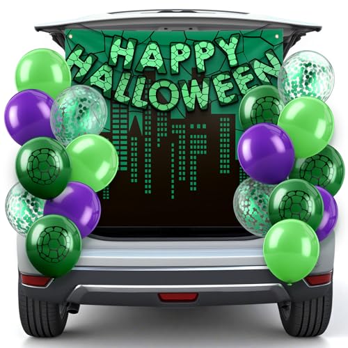 Civaner 19 Pcs Trunk or Treat Car Decorations Kit Happy Halloween Banner Green Turtle Themed Photography Backdrop Anime Theme Party Green Balloons Halloween Party Supplies for Photo Wall Door