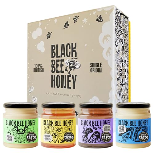 Black Bee Honey Gift Set - x4 227g British Honey Pack Creamy Light Spring Runny Floral Summer Bold Aromatic Autumn and Herbal Winter Delicious Gifts for her and him