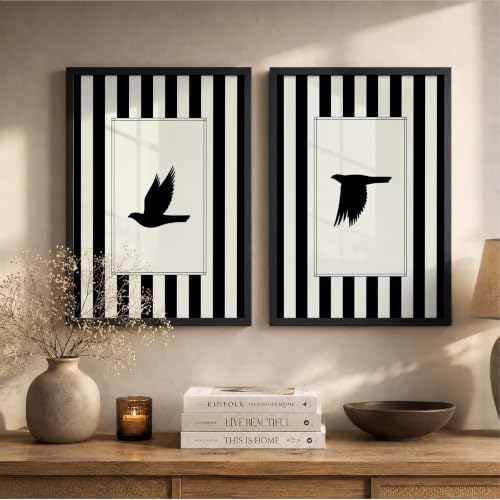Image of Suneree Flying Birds Wall Art Set of 2 Framed Paintings | Black White Striped Minimal Bird Silhouette Poster | Living Room Bedroom Home Decor (Art 13, 10x13 Inches, Black)