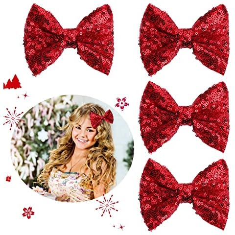 Sibba Schleifen-Haarspangen Krokodil-Pferdeschwanz-Halter 4 Stück rote Pailletten glitzernde Krallen 10cm kleine feine Haarnadel Mädchen Kleinkinder Teenager Weihnachten Party Hochzeit Abschlussball Cover