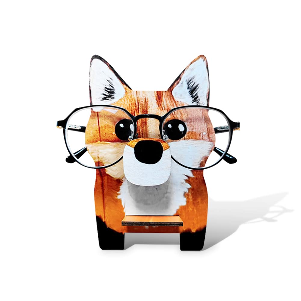 Wood Glasses Holder Stand, Handmade Cute Animal Eyeglass Creative Holder Sunglasses Display Stand, Nightstand Desktop Home Office Desk Decor, Birthday and Christmas Gift for Kid Men Women (Fox)
