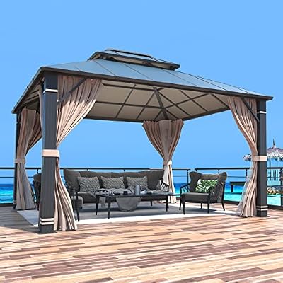 MELLCOM 12x14FT Hardtop Gazebo, Permanent Outdoor Aluminum Patio Gazebo with Aluminum Composite Double Roof for Patio Lawn and Garden, Curtains and Netting Included